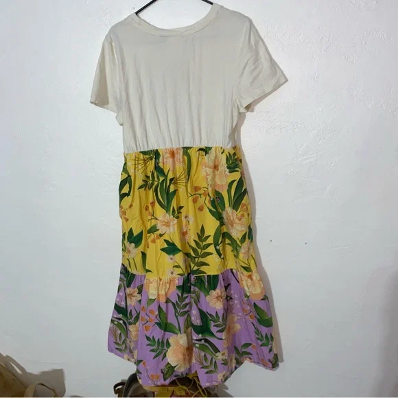 Farm Rio 100% Cotton Tiered Maxi Shirt Dress yellow floral motif Large Petite - Picture 9 of 16